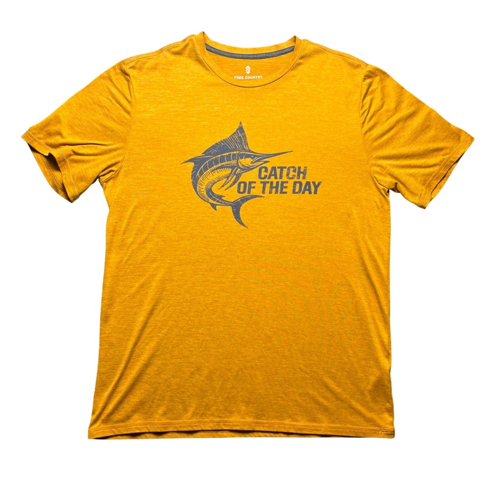 Free Country T-Shirt Men Small Yellow Catch of the Day Marlin Micro-Tech Graphic